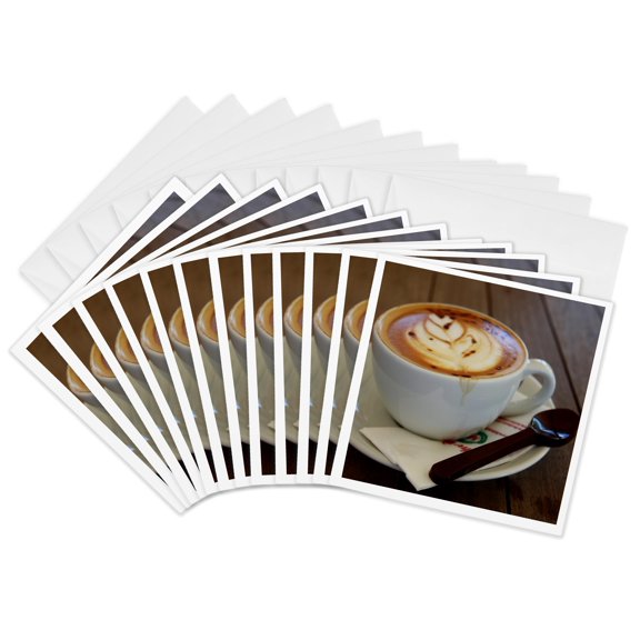 3drose, Americano Coffee with Tulip Design and Chocolate Spoon, 12 Greeting Cards with Envelopes