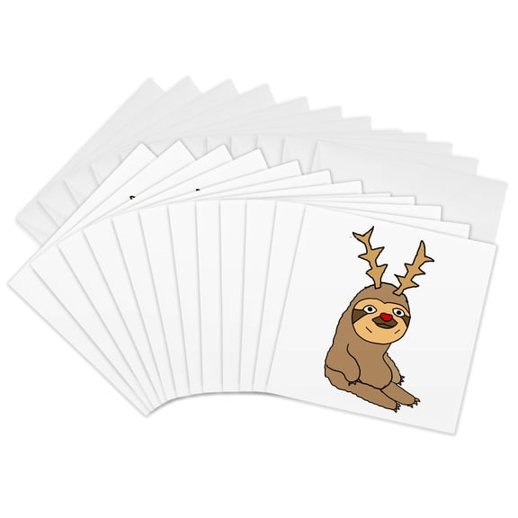 3drose, Amusing Cute Sloth with Reindeer Antlers Christmas Cartoon, 12 Greeting Cards with Envelopes
