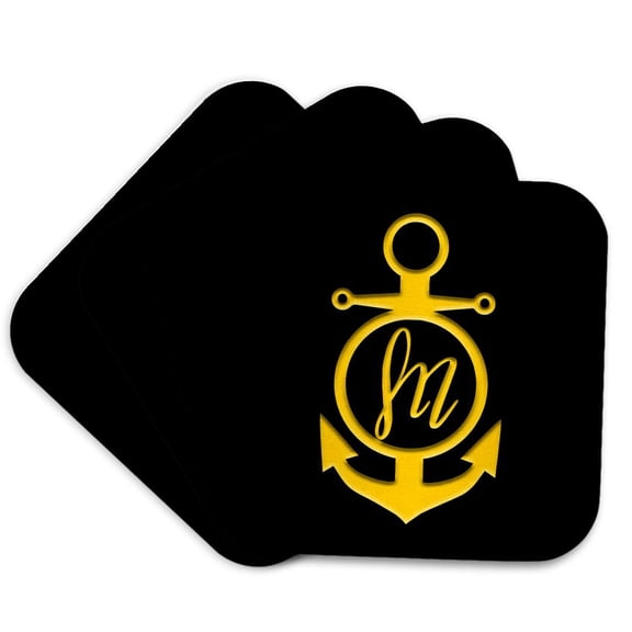 3drose, Anchor Naval Maritime Monogram. Gold on Black. Shapely Letter M, Set of 4 Coasters - Soft