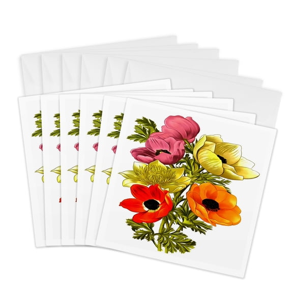 3drose, Anemone Windflower Botanical Art, 6 Greeting Cards with Envelopes