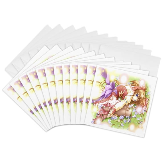 3drose, Anime Resting in the Grass, 12 Greeting Cards with Envelopes