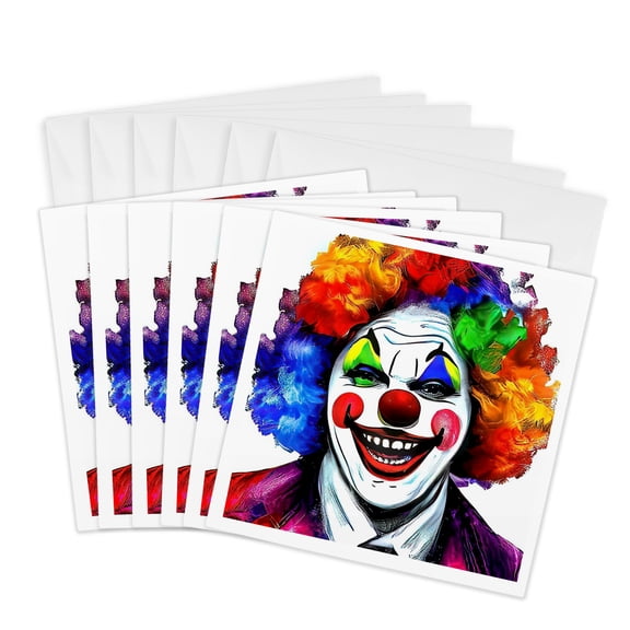 3drose, Appealing Laughing Clown with Colorful Mane. Digital Painting Gift, 6 Greeting Cards with Envelopes