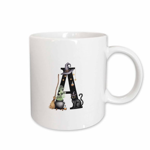 3drose, Appealing Letter A. Halloween Monogram, Broom, Wizard Hat, Cat Art, 11oz Mug