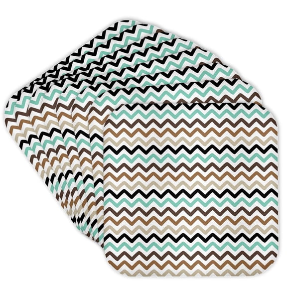 3drose, Aqua, Black, Brown, Beige, Wavy Chevron Stripes Pattern, Set of 8 Coasters - Cork