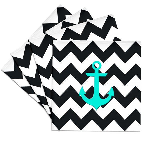 3drose, Aqua Blue Anchor with Black and White Chevron Pattern, Set of 4 Ceramic Tile Coasters