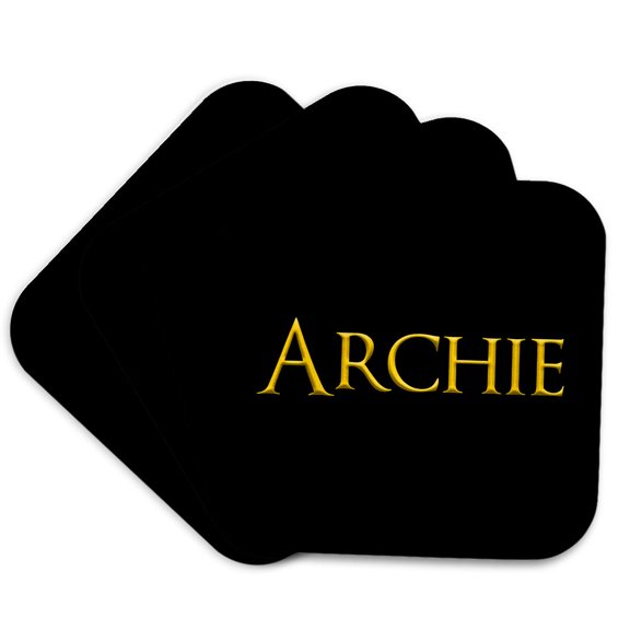3drose, Archie Popular Man Name in the America. Yellow on Black Gift, Set of 4 Coasters - Cork
