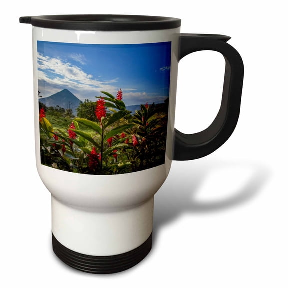 3drose, Arenal Volcano in Costa Rica with Tropical Flowers., 14oz Stainless Steel Travel Mug