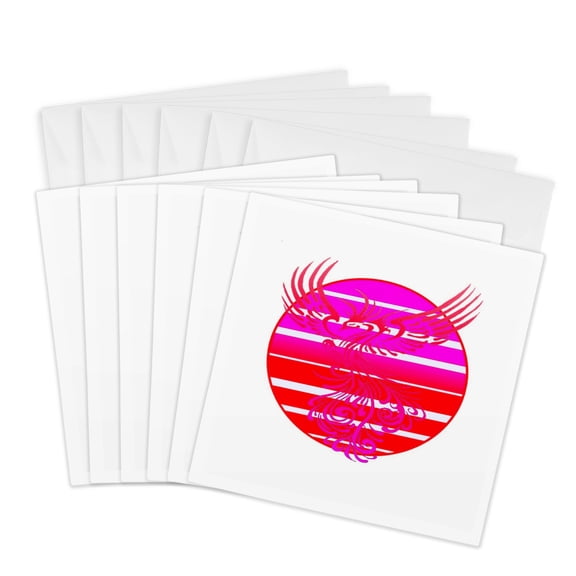 3drose, Arising Anew Phoenix and Retro Sunrise Vector Art Pink Red, 6 Greeting Cards with Envelopes