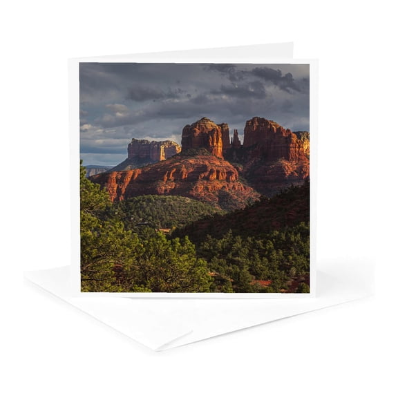 3drose, Arizona. Sunrise Rainbow over Mountain and Valley Landscape., 1 Greeting Card with Envelope