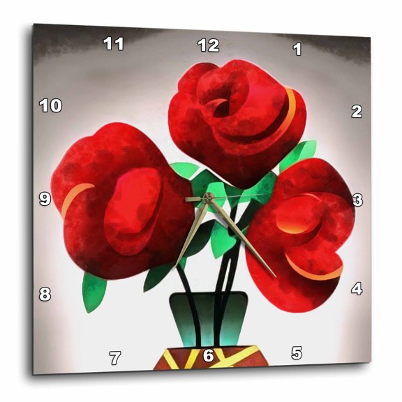 3drose, Art Deco Red Roses in Vase Abstract Art, 15x15 Wall Clock