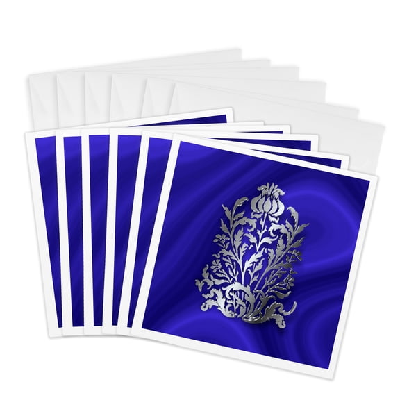 3drose, Art Nouveau Floral Element in Silver Effect over Blue Velvet, 6 Greeting Cards with Envelopes