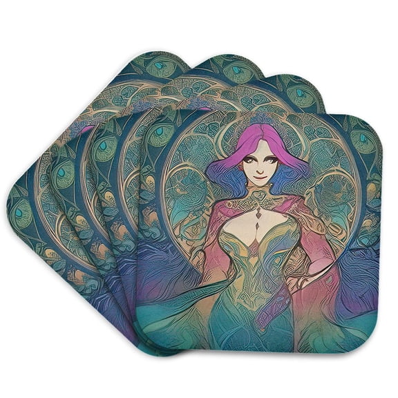 3drose, Art Nouveau Woman. Gorgeous Fantasy Goddess with Purple Hair Gift, Set of 4 Coasters - Cork