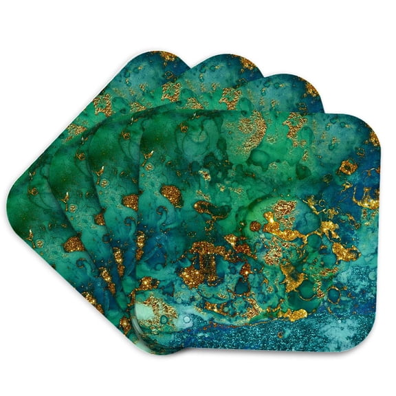 3drose, Art Print of Green Indigo Gold Marble Agate Mineral Malachite Quartz, Set of 4 Coasters - Cork