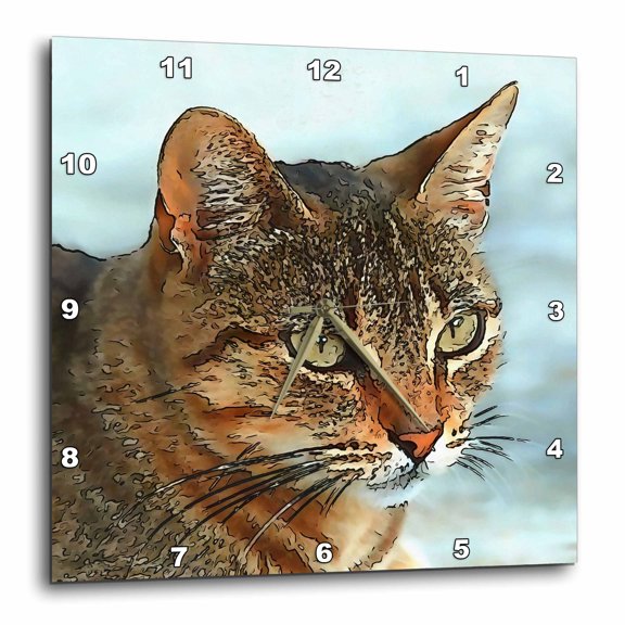 3drose, Artistic Cartoon Style Black Outline Tabby Cat, 10x10 Wall Clock