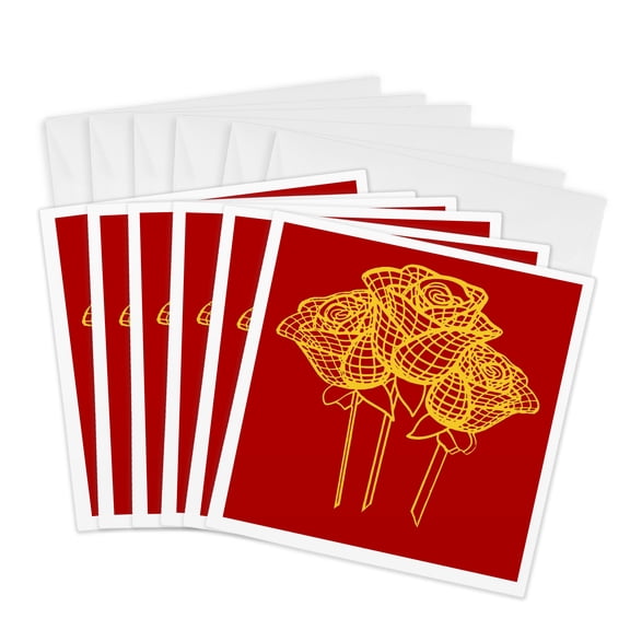 3drose, Artistic Yellow Roses Geometric Line Drawing, 6 Greeting Cards with Envelopes