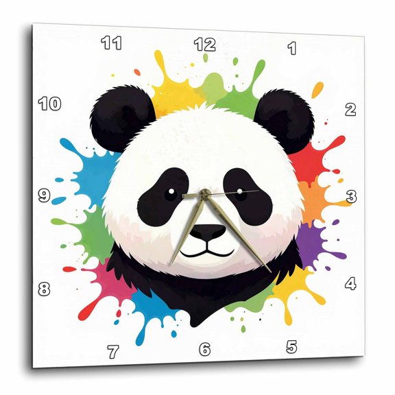 3drose, Artsy Panda Bear Head Against the Colorful Paint Splatters. Art Gift, 10x10 Wall Clock