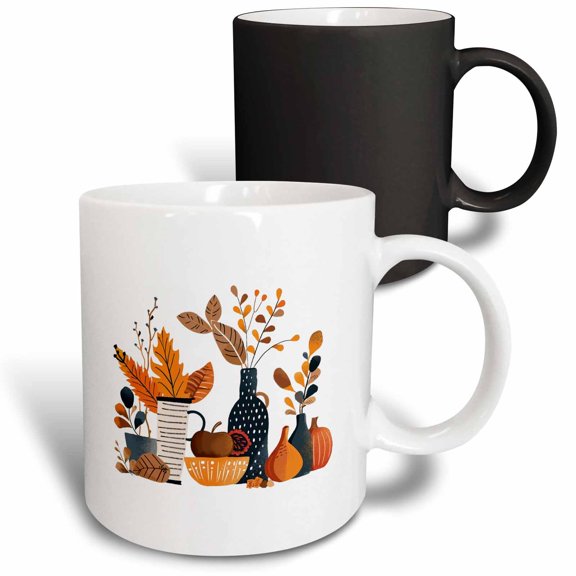 3drose, Artsy Still Life of Pottery, Dishes, Autumn Leaves, Plants. Gift, 11oz Magic Transforming Mug