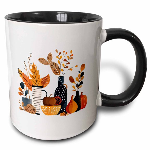 3drose, Artsy Still Life of Pottery, Dishes, Autumn Leaves, Plants. Gift, 11oz Two-tone Black Mug