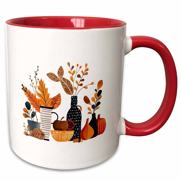 3drose, Artsy Still Life of Pottery, Dishes, Autumn Leaves, Plants. Gift, 11oz Two-tone Red Mug