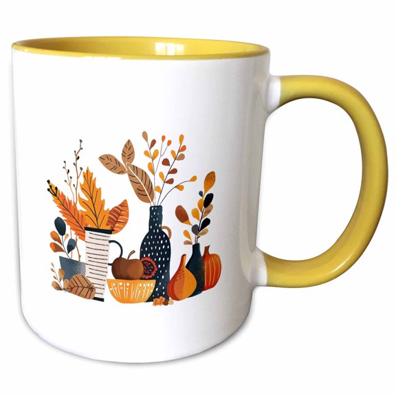 3drose, Artsy Still Life of Pottery, Dishes, Autumn Leaves, Plants. Gift, 11oz Two-tone Yellow Mug