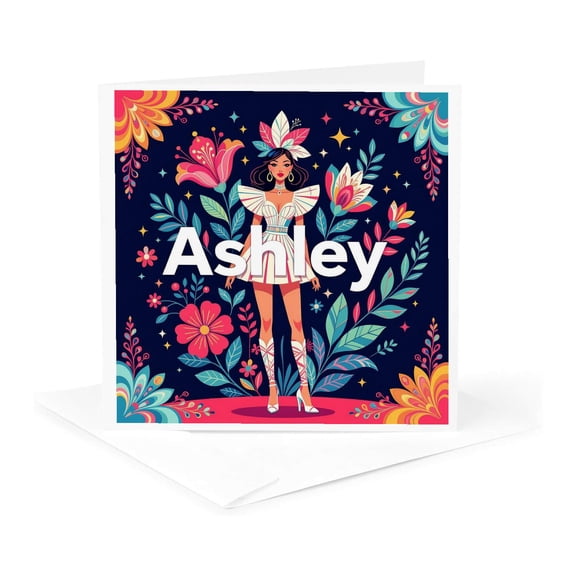 3drose, Ashley Lady Name, Elegant Boho Flowers, Beauty Art. Personal Gift, 1 Greeting Card with Envelope