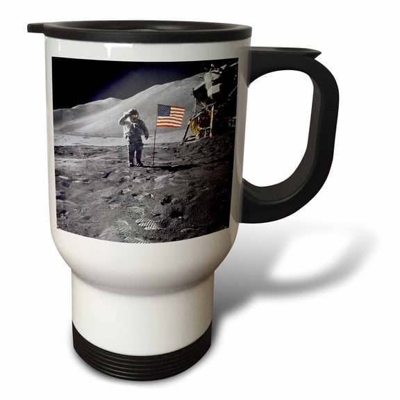 3drose, Astronaut Dave Scott Salutes American Flag on the Moon, 14oz Stainless Steel Travel Mug