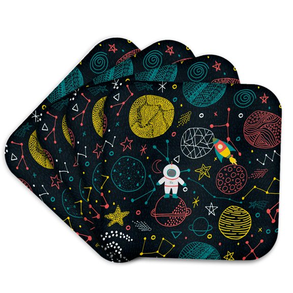 3drose, Astronaut in Space, Rocket, Planets, and Stars, Primary Colors, Set of 4 Coasters - Soft