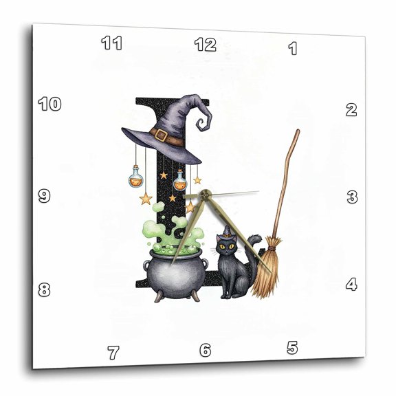 3drose, Attractive Letter L. Halloween Monogram, Broom, Wizard Hat, Cat Art, 13x13 Wall Clock