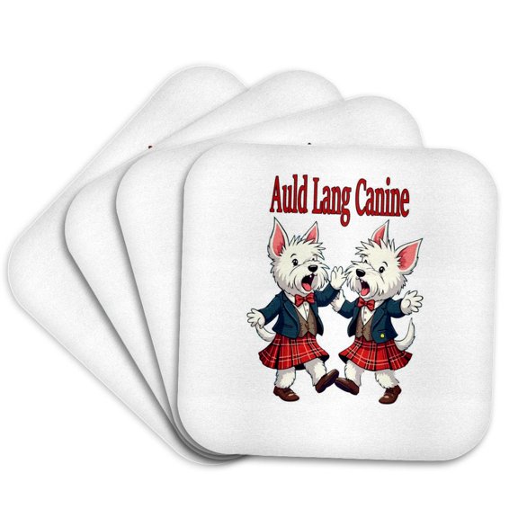 3drose, Auld Lang Canine West Highland Terrier Ceilidh Celebration, Set of 4 Coasters - Cork
