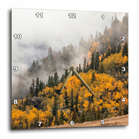 3drose, Autumn Aspen Trees in Mist on Mountain at Sunrise, Ouray, Colorado, 15x15 Wall Clock