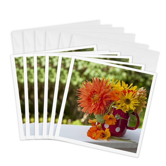 3drose, Autumn Flowers in a Polka Dot Mug, 6 Greeting Cards with Envelopes