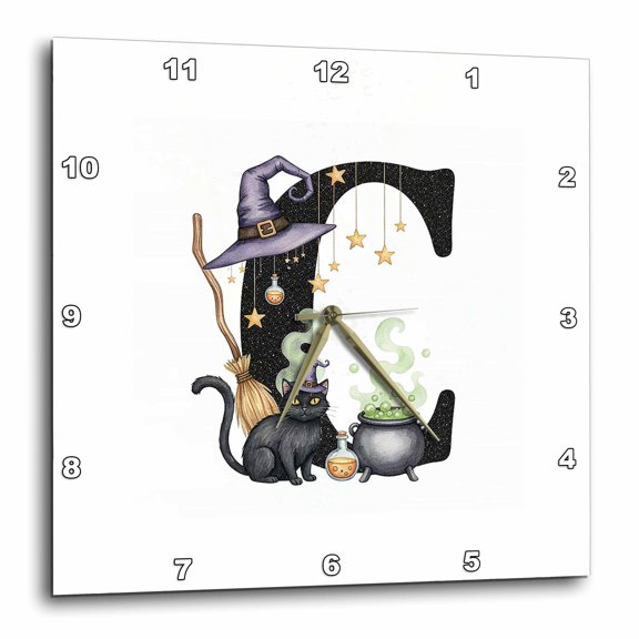 3drose, Awesome Letter C. Halloween Monogram, Broom, Wizard Hat, Cat Art, 10x10 Wall Clock