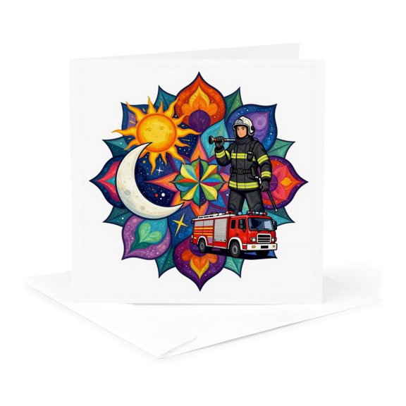 3drose, Awesome Mandala Art for a Firefighter. a Gift, Charm, Award for Him, 1 Greeting Card with Envelope