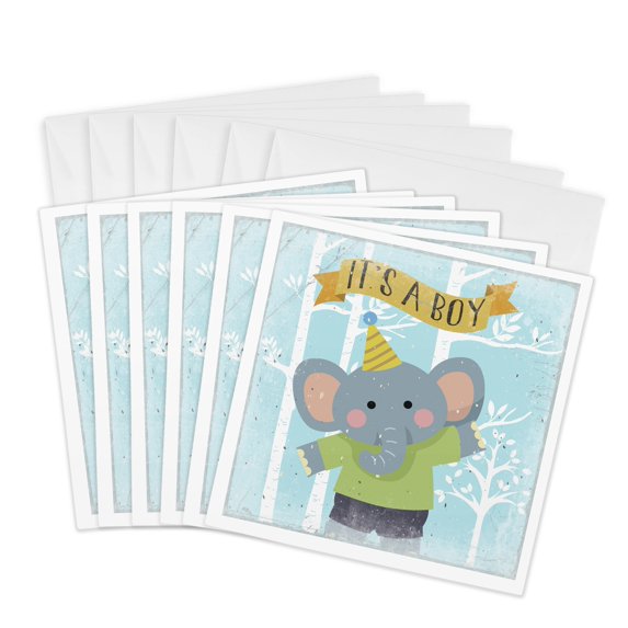 3drose, Baby Shower-baby Boy-blue Elephant Animal Illustration for Kids, 6 Greeting Cards with Envelopes