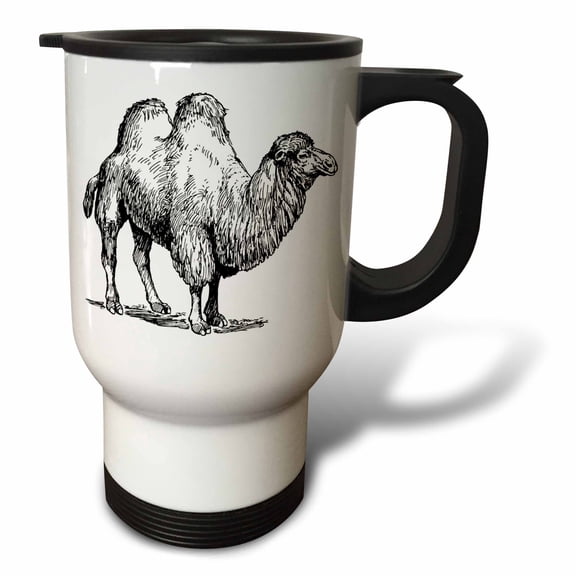 3drose, Bactrian Camel Illustration Is an Etching of a Two Humped Camel, 14oz Stainless Steel Travel Mug
