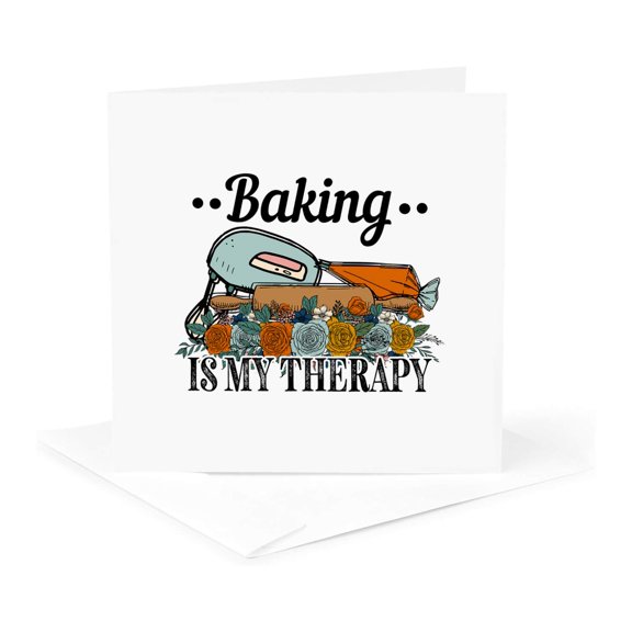 3drose, Baking Is My Therapy Funny Text, Beater, Flowers Kitchen Art Gift, 1 Greeting Card with Envelope