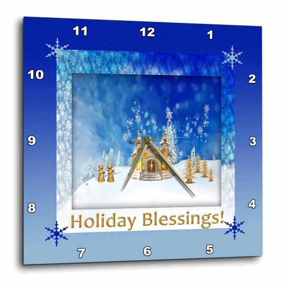 3drose, Beautiful Church, Singing Angels, Winter, Gold, Blue, Holiday Blessing, 13x13 Wall Clock