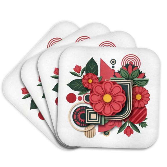 3drose, Beautiful Composition of Red Flowers, Green Leaves, Geometry Shapes, Set of 4 Coasters - Soft