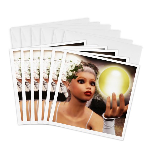 3drose, Beautiful Elf with Magic Light Ball, 6 Greeting Cards with Envelopes