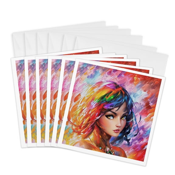 3drose, Beautiful Girl, Anime Style, Digital Painting, Awesome Gift, Charm, 6 Greeting Cards with Envelopes