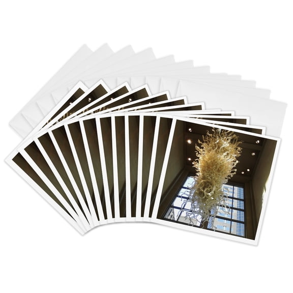 3drose, Beautiful Glass Sculpture Chandelier and Window with a View- Photography, 12 Greeting Cards with Envelopes