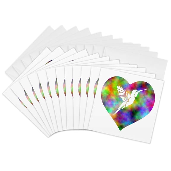 3drose, Beautiful Prismatic Rainbow Heart with White Hummingbird, 12 Greeting Cards with Envelopes