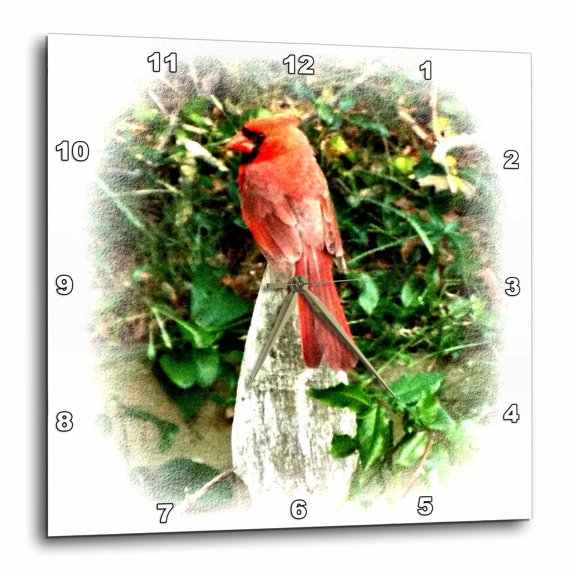 3drose, Beautiful Red Cardinal on Fence Vignette, 15x15 Wall Clock