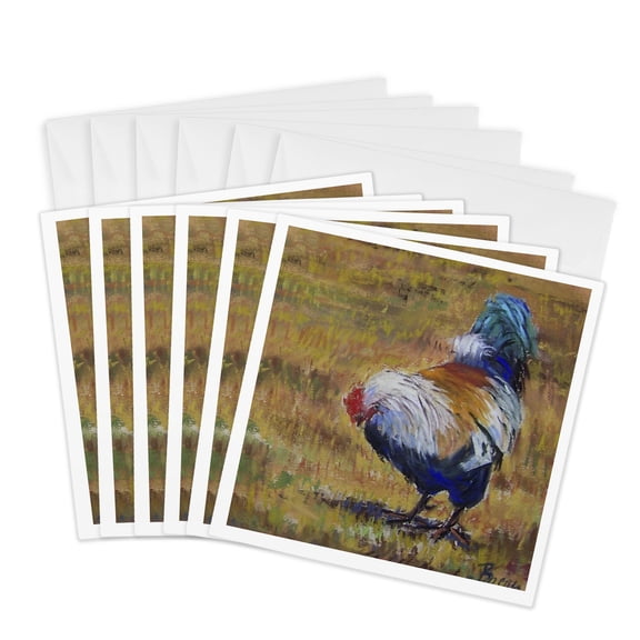 3drose, Beautiful Turquoise, White, Blue and Black Feathered Barnyard Rooster., 6 Greeting Cards with Envelopes