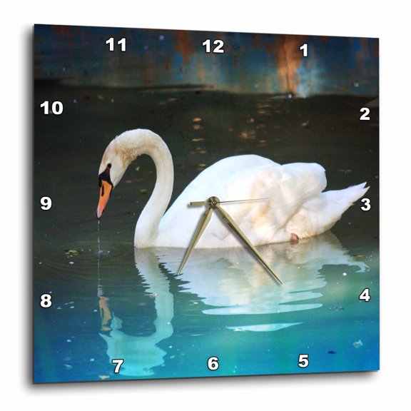 3drose, Beautiful White Swan N Reflection, 15x15 Wall Clock