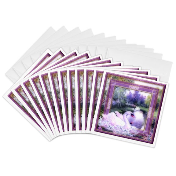 3drose, Beautiful White Swan by the Lake and Purple Decorated Pattern Frame a Nature Beauty, 12 Greeting Cards with Envelopes