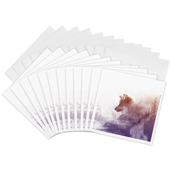 3drose, Beautiful and Surreal Drawing of a Wolf Melting into a Forest, 12 Greeting Cards with Envelopes