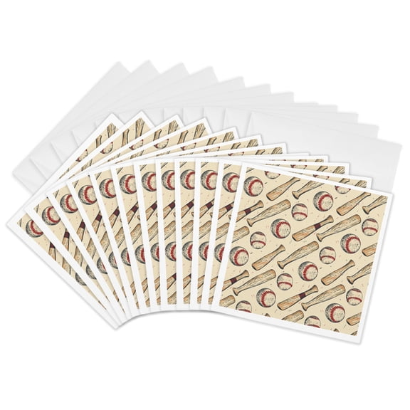 3drose, Beige Color Pattern of Baseball Balls and Bats. Elegant Sport Gift, 12 Greeting Cards with Envelopes