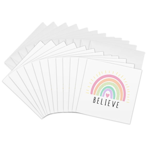 3drose, Believe - Inspiring Word with Heart Rainbow Christianity Religion Gift, 12 Greeting Cards with Envelopes