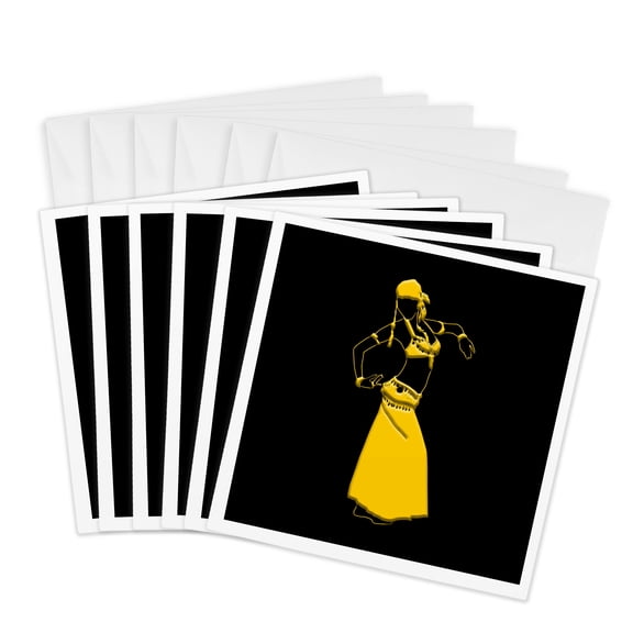 3drose, Belly Dancer Silhouette. Smooth Movement. Yellow on Black Gift, 6 Greeting Cards with Envelopes